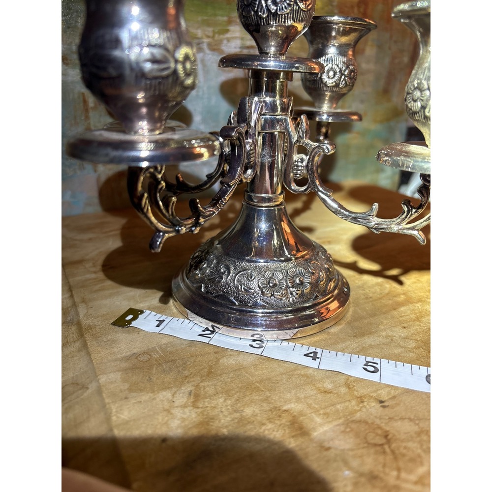 Vintage Silver Plated 5 Light Candelabra Ornate Floral Embossed 7 In Centerpiece - Picture 3 of 6